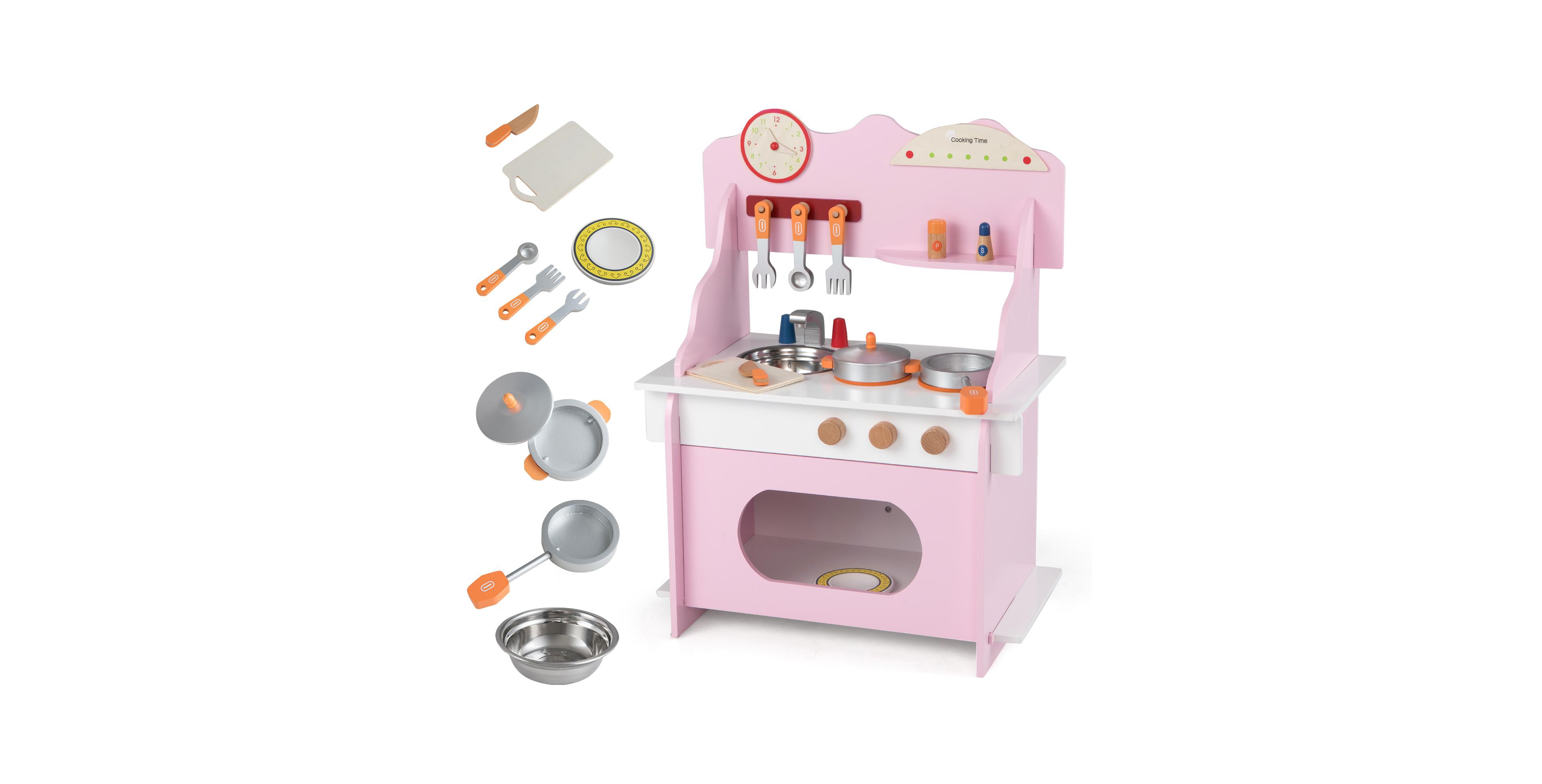 Mecale Double-Burner Wooden Play Kitchen with Clock, 12-Piece Set, Ages 3+