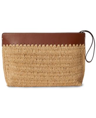 Leather-Trim Crocheted Straw Large Wallet