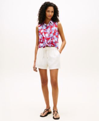 Women's Printed Poplin Knotted Collared Shirt