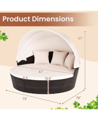 Patio Round Daybed PE Rattan Cushioned Sectional Seating w/ Retractable Canopy Outdoor