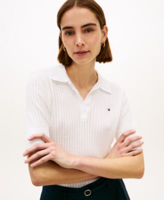 Women's Pointelle Short-Sleeve Polo Sweater