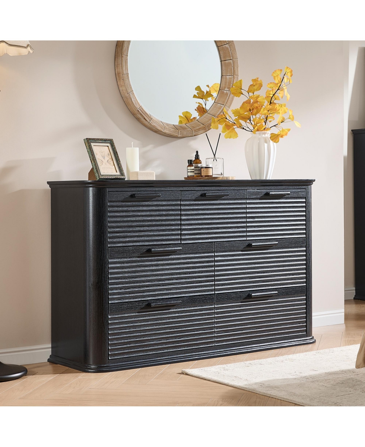 Rainsken Fluted 7 Drawer Dresser, Modern Wood Chest of Drawers with Curved Profile Design, Storage Organizer for Living Room and Bedroom