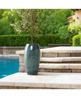 23-Inch Tall Blue Ceramic Planter, Decorative Round Pot for Plants & Flowers