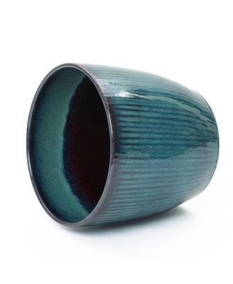 Forest Fade Ribbed Ceramic Planter, 11.8" Glossy Blue-Green Pot with Brown Rim