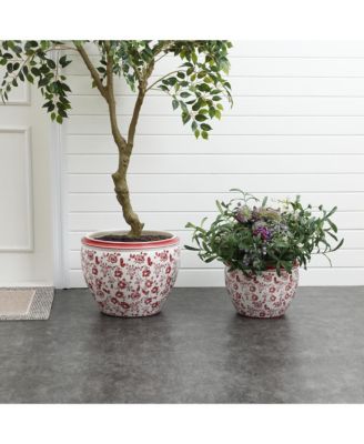 Red Floral Ceramic Planter, 17" Round, Indoor & Outdoor Garden Pot