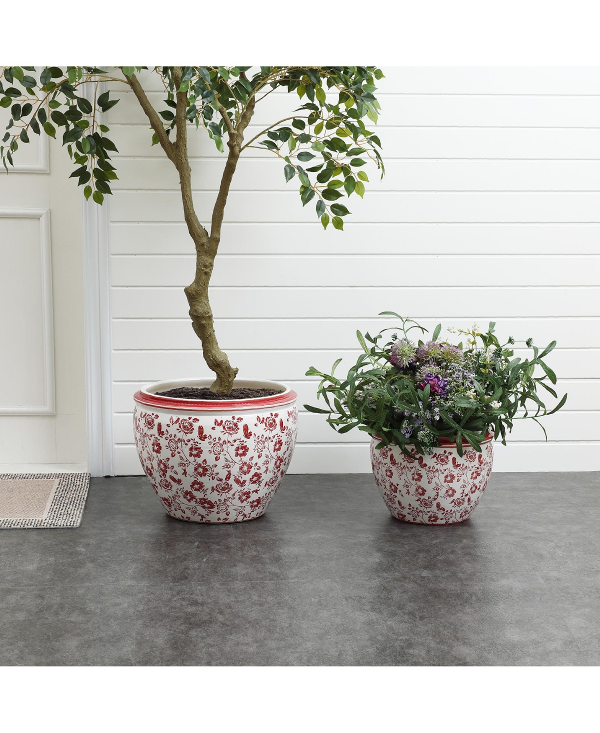LuxenHome Red Floral Ceramic Planter, 17.1" Round, Indoor & Outdoor Garden Pot
