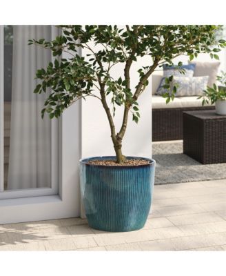 Forest Fade Ribbed Ceramic Planter, 15" Large Glossy Pot