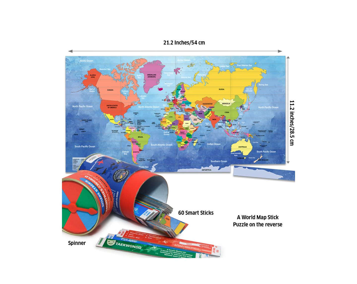 Детская настольная игра Chalk & Chuckles Smart Sticks-Countries World Map Puzzle 60-Piece Board Game, Ages 7+, цвет: Open Miscellaneous — фото 3