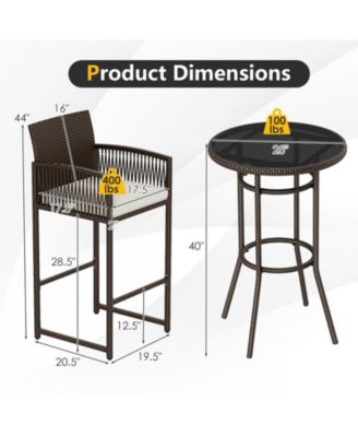 3 Piece Wicker Patio Bar Set w/ 2 Seat Cushions Glass Tabletop for Backyard