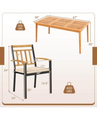 Set Of 7 Patio Acacia Wood Dining Set w/ Soft Seat Cushions Umbrella Hole Outdoor