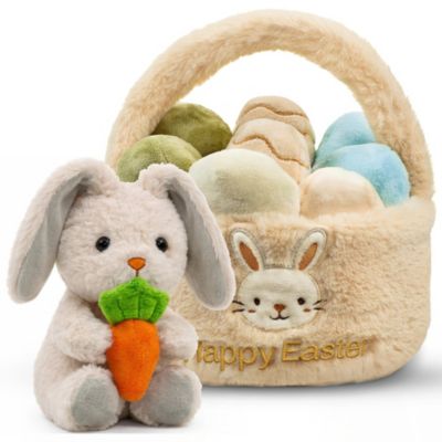 Easter Plush Bunny with Carrot & Easter Egg Plush Basket Toy Set, Cute Easter Stuffed Animals, Easter Basket Stuffer Toys for Newborns