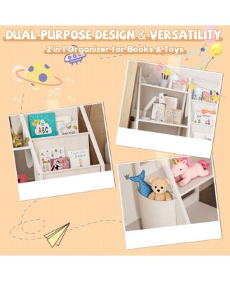Kids Bookshelf and Toy Organizer - 3 Tier Wooden & Fabric Bookcase with Anti-Tip Kit for Playroom, Nursery, Classroom
