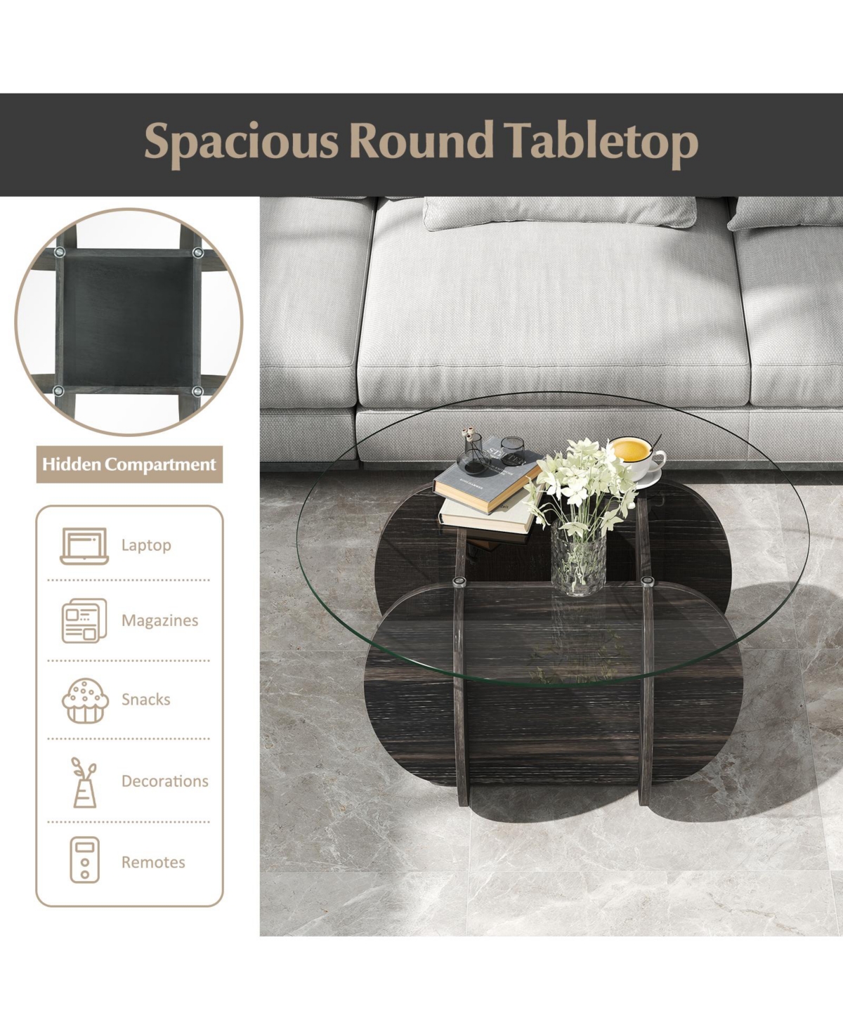 Sugift 35 Round Coffee Table Unique Circle Center Table with Tempered Glass Top and Solid Wood Base