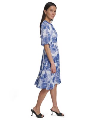 Women's Floral Puff-Sleeve Crewneck Midi Dress