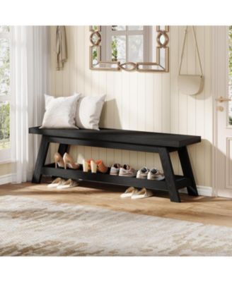 55" Wood Entryway Bench with Shoe Storage, Large 2-Tier Narrow Hallway Foyer Seating Bench