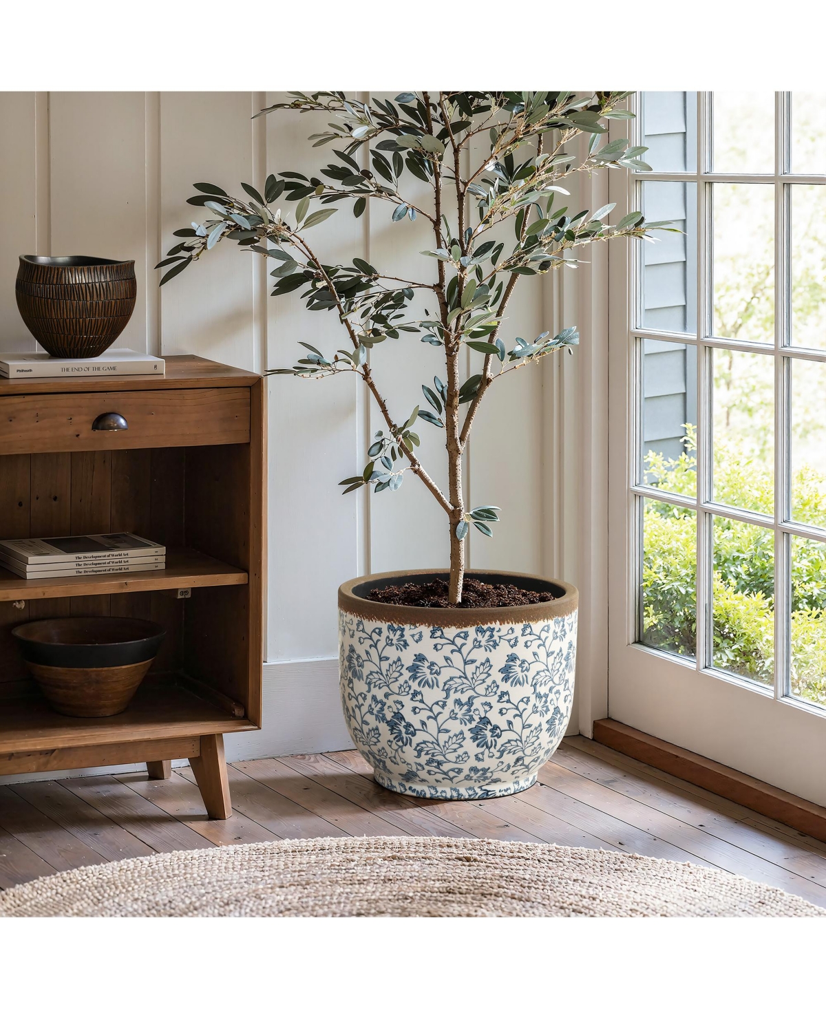 LuxenHome Floral Ceramic Planter, 15.59" Round, Indoor & Outdoor Garden Pot