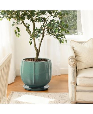 Glossy Gradient Teal Ceramic Planter, 13.4-Inch Tall Ridged Container with Connected Tray