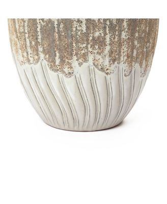 14" Dia Two Tone Ivory Large Round Plant Pots, Modern Indoor Outdoor Ceramic Planter for Living Room, Garden, Patio