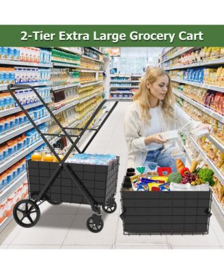 2 Layers Grocery Cart on Wheels, Extra Jumbo Foldable Shopping Cart with 2 Removable Baskets and Waterproof Liner for Camping