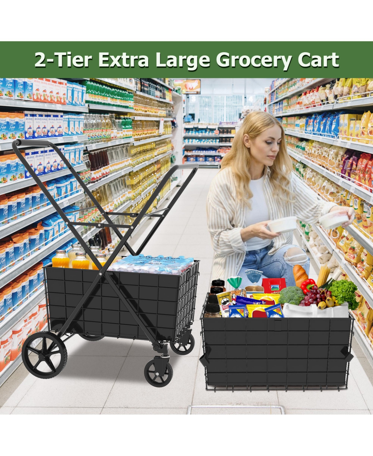 Rainsken 2 Layers Grocery Cart on Wheels, Extra Jumbo Foldable Shopping Cart with 2 Removable Baskets and Waterproof Liner for Camping