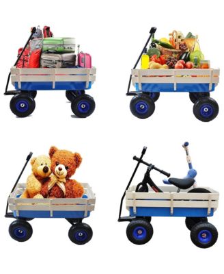 Heavy Duty Rolling Garden Wagon - Utility Cart with Wooden Side Panels, Air Tires Pulling and Wide Grip Handle for Grocery, Camping