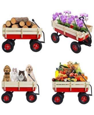 Heavy Duty Rolling Garden Wagon - Utility Cart with Wooden Side Panels, Air Tires Pulling and Wide Grip Handle for Grocery, Camping