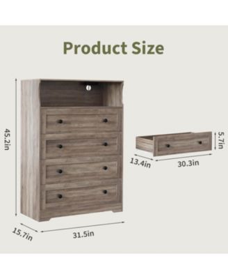 4-Drawer Dresser with Charging Station & LED Light, Skinny Vertical Chest with Open Shelf, Bedroom Dresser for Closet