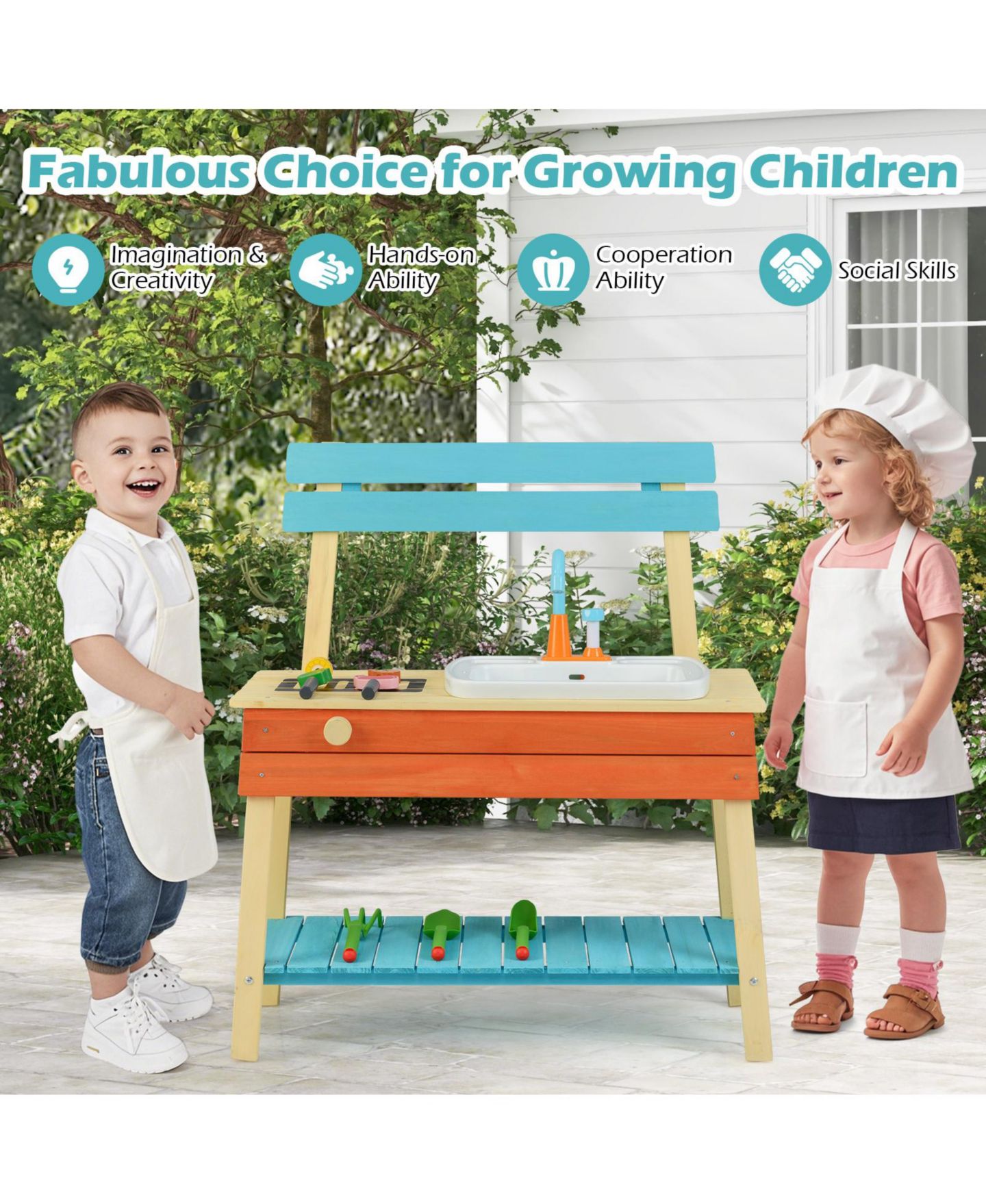 Детский игровой набор Mecale Chef Wooden Mud Kitchen Play Set, Ages 3+, цвет: Синий — фото 7