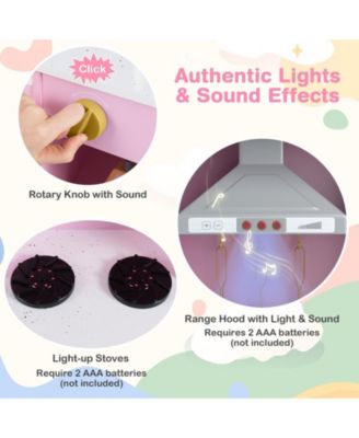 Pretend Play Kitchen Wooden Toy Set with Range Hood, Realistic Lights & Sounds