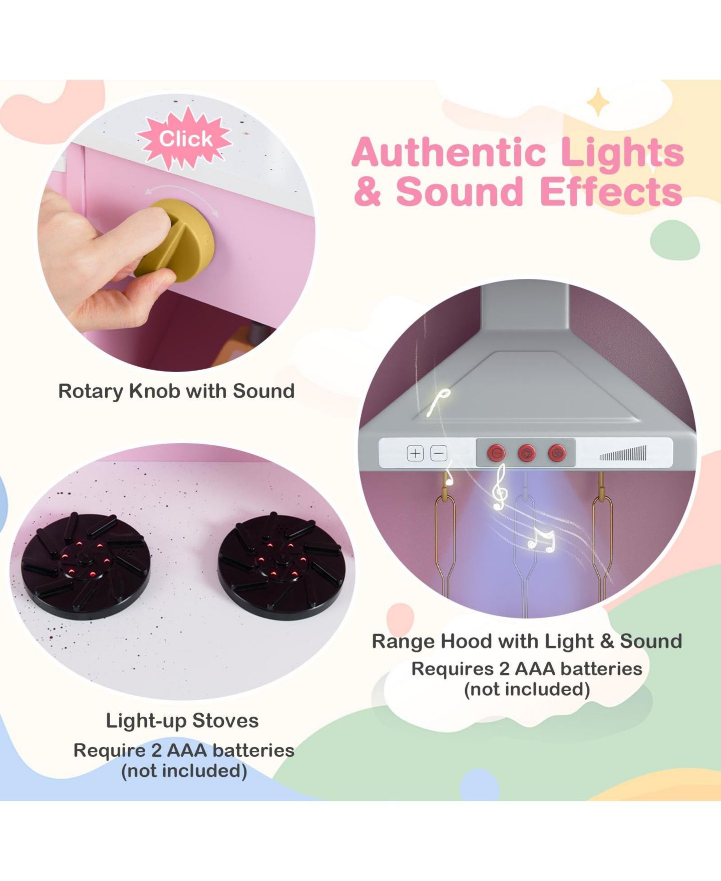Детский игровой набор Mecale Lights & Sounds Wooden Play Kitchen Playset, Ages 3+, цвет: Розовый — фото 7