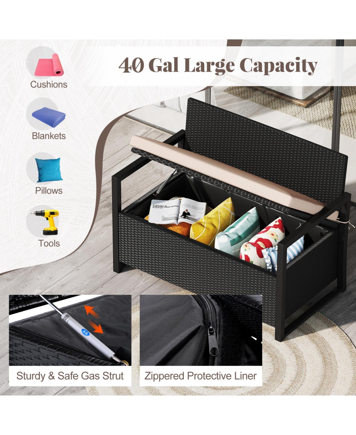 Gymax Patio Storage Bench Wicker Loveseat w/ Built-in Storage & Long Seat Cushion Outdoor