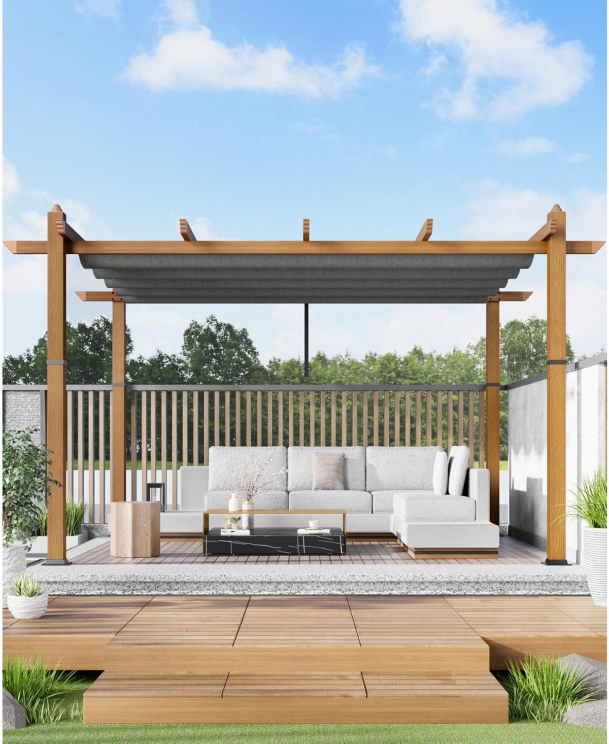 gaomon 10x13 ft Outdoor Aluminum Pergola with Retractable Canopy, Faux Wood Grain Patio Gazebo, Backyard Deck