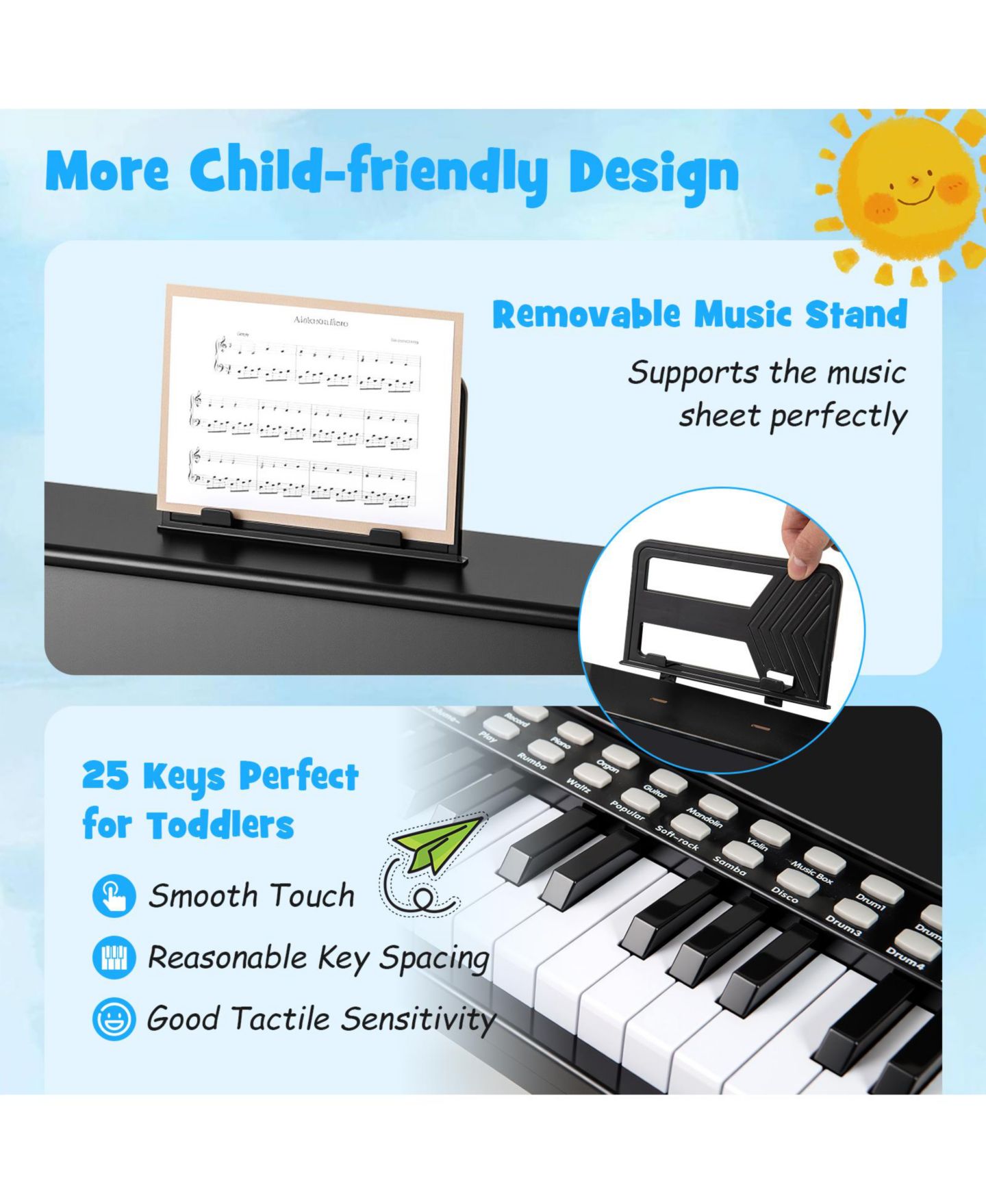 Детские игрушки Mecale 25-Key Kids Piano Keyboard Interactive Lighted Keys 3-Piece Music Kit, Ages 3+, цвет: Чёрный — фото 5