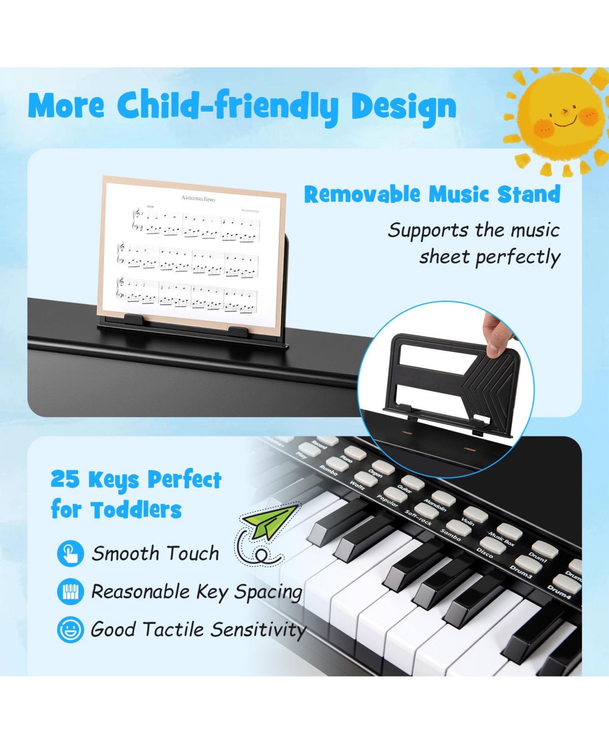 Mecale 25-Key Kids Piano Keyboard with Stool, Mini Digital Wooden Toy, Adjustable Speed & Volume
