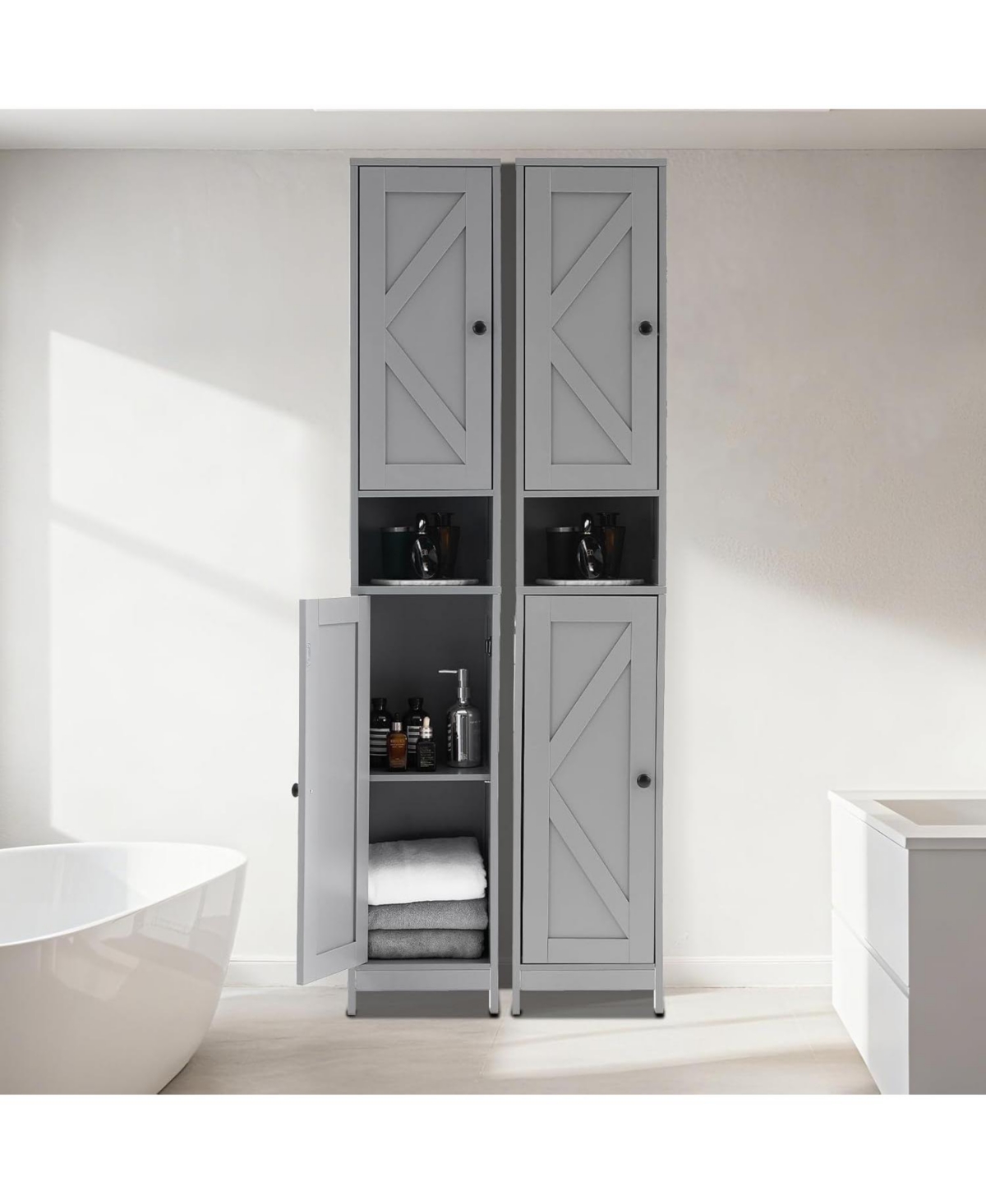 gaomon Tall Narrow Bathroom Cabinet, 66.9", Freestanding Water-Resistant Storage, 2 Doors, Small Space Organizer