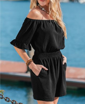 Women's Chic Off-Shoulder Ruffle Romper with Bell Sleeves