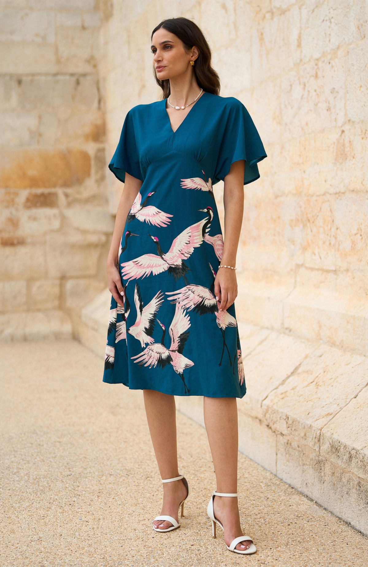 Yumi Women's Crane Print Kimono Midi Dress
