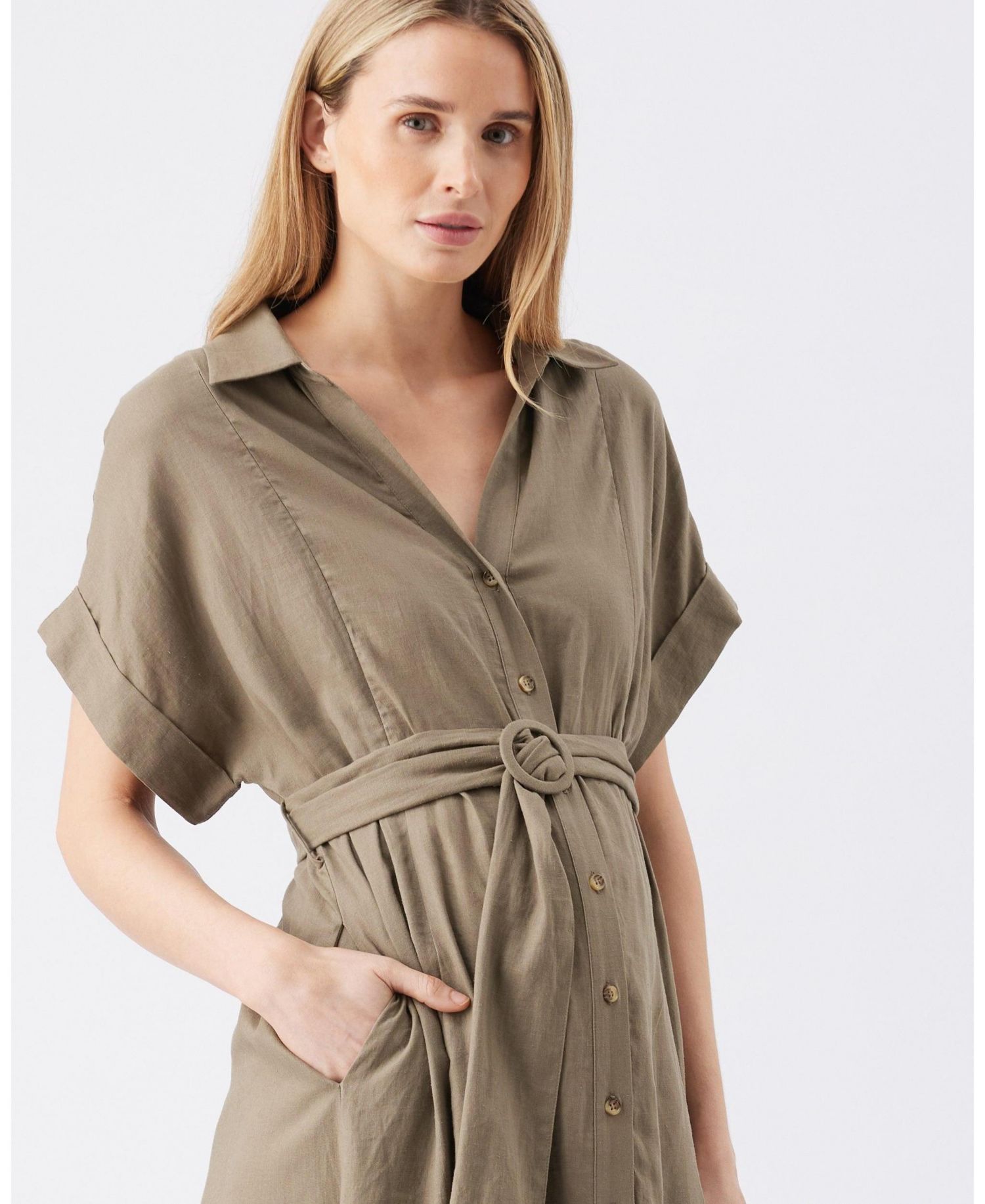 Women's Ripe Amy Linen Nursing Shirt Dress Olive