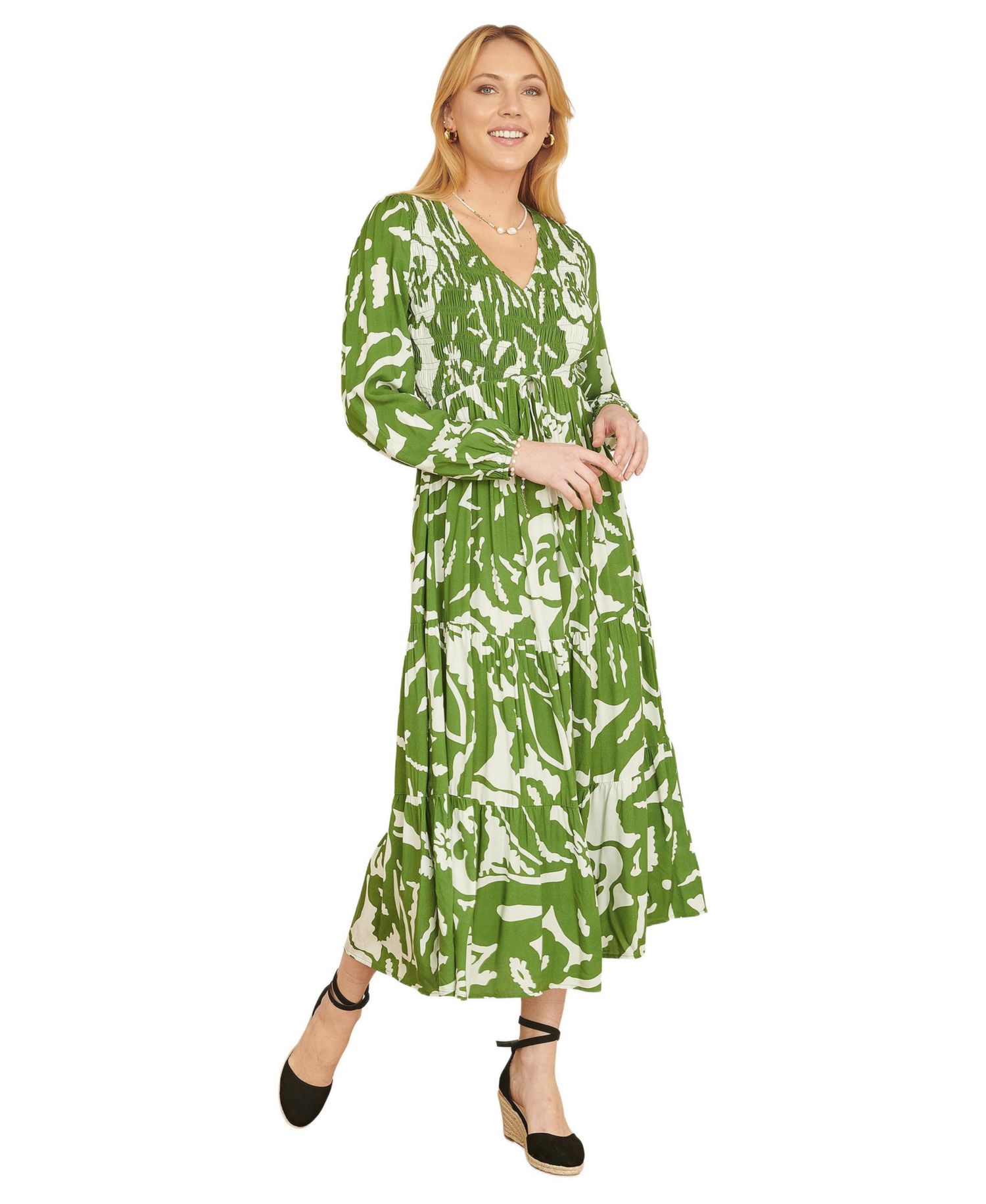 Women's Abstract Print Ruched V-Neck Midi Dress