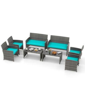 8PCS Patio Outdoor Conversation Set w/Seat Cushions & Tempered Glass Tabletop
