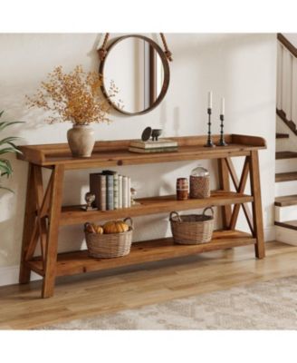 3-Tier Solid Wood Console Table with X-Shaped Frame, 63-Inch Farmhouse Entryway Table, Sofa Console Behind Couch