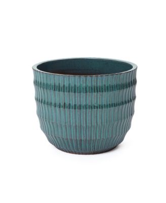Boho Coastal Ceramic Planter, Tall Pot with Ribbed Texture & Weathered Finish