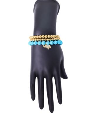 Blue Turquoise and Cubic Zirconia Elephant Pendant Trio Stretch Bracelet Set