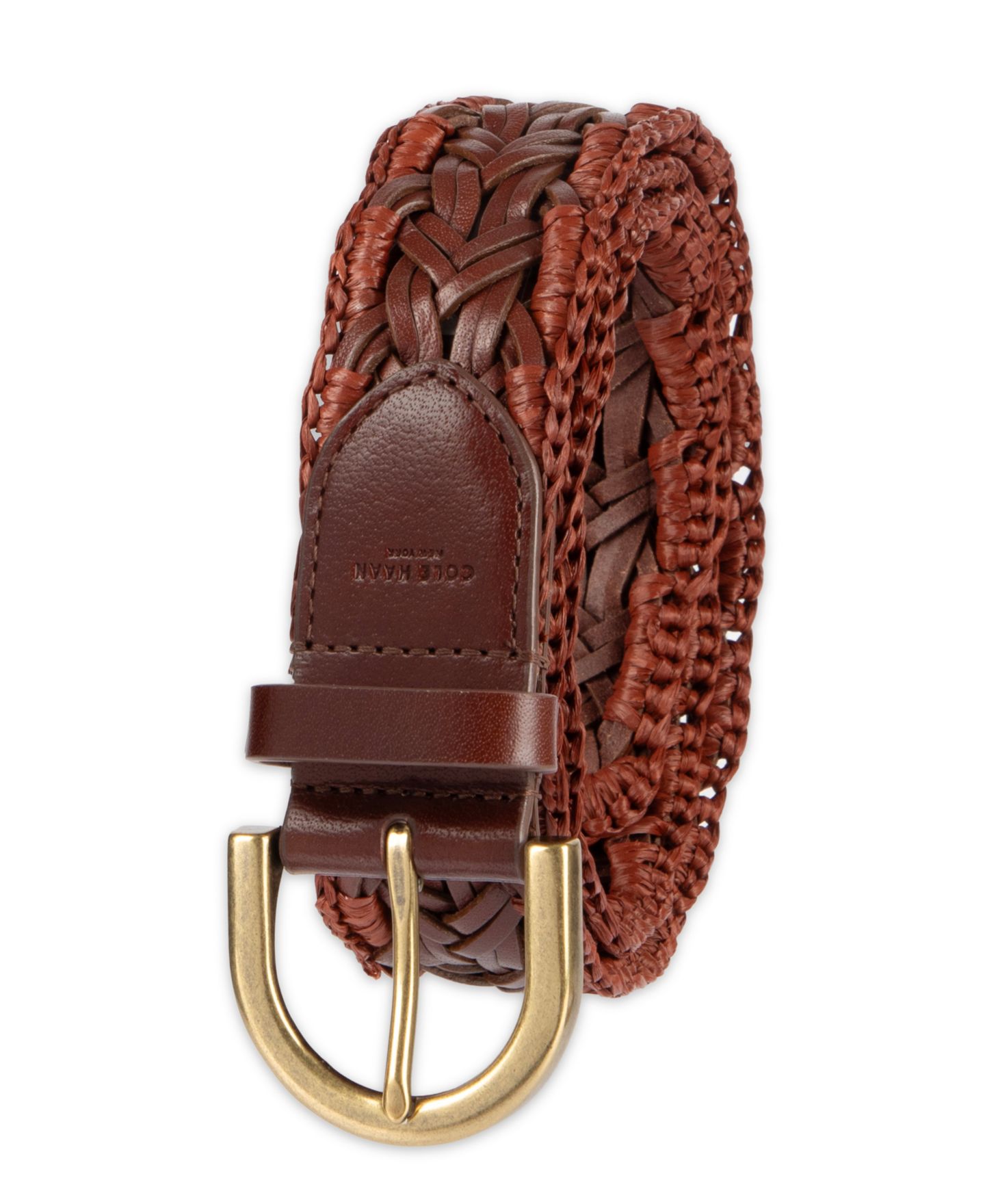 Женский ремень Cole Haan Fully Adjustable Raffia and Leather Braided, цвет: Коньячный — фото 2