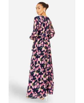 Women's Orchid Floral Pleated Wrap Maxi Dress