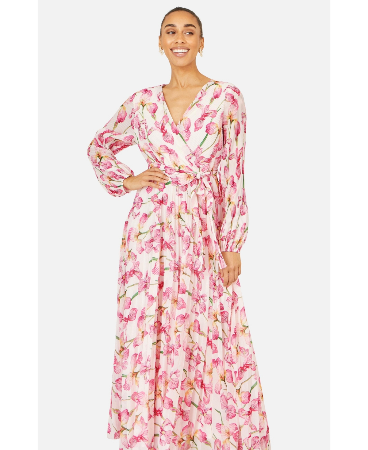 Yumi Women's Orchid Floral Pleated Wrap Maxi Dress