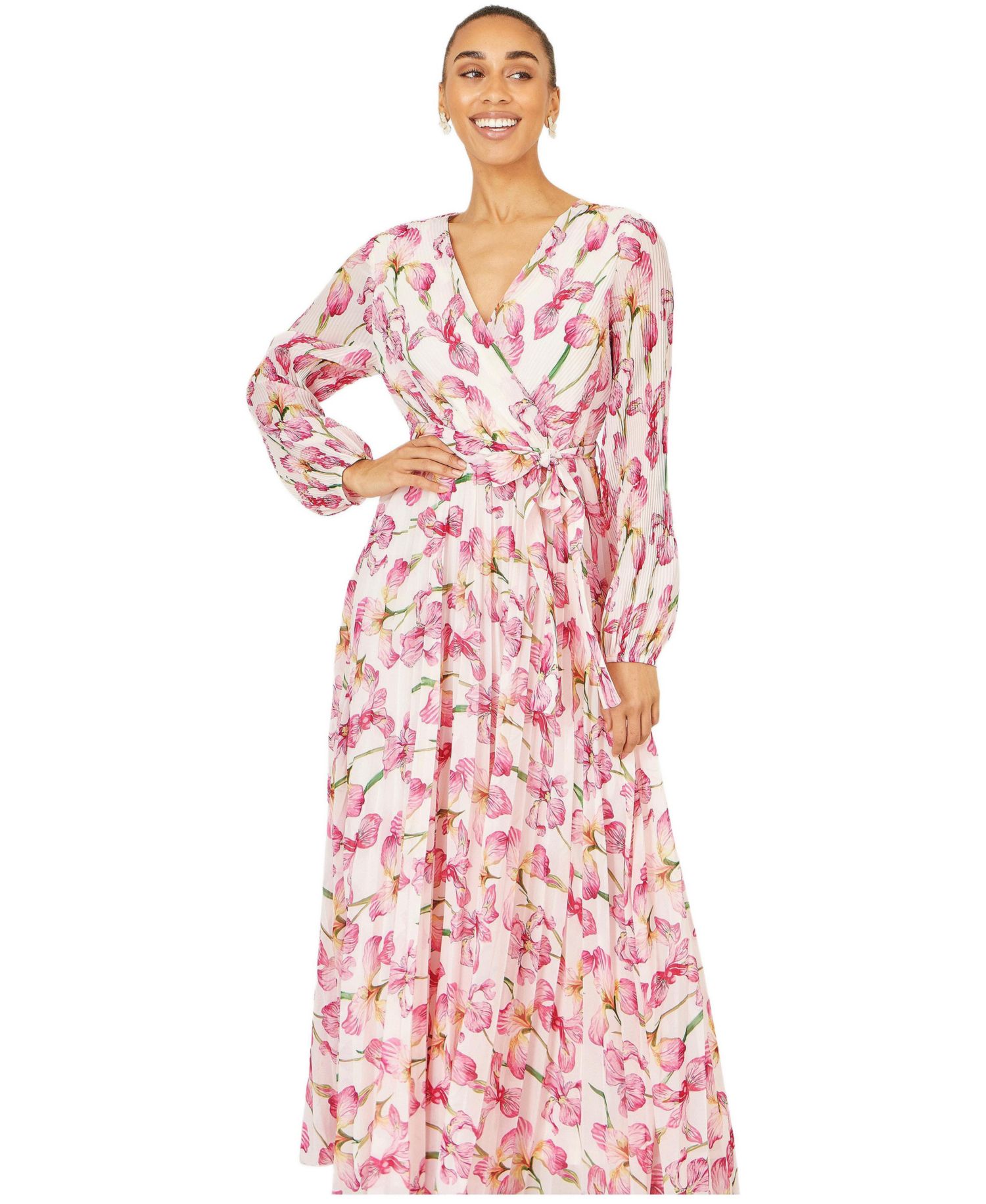 Women's Orchid Floral Pleated Wrap Maxi Dress