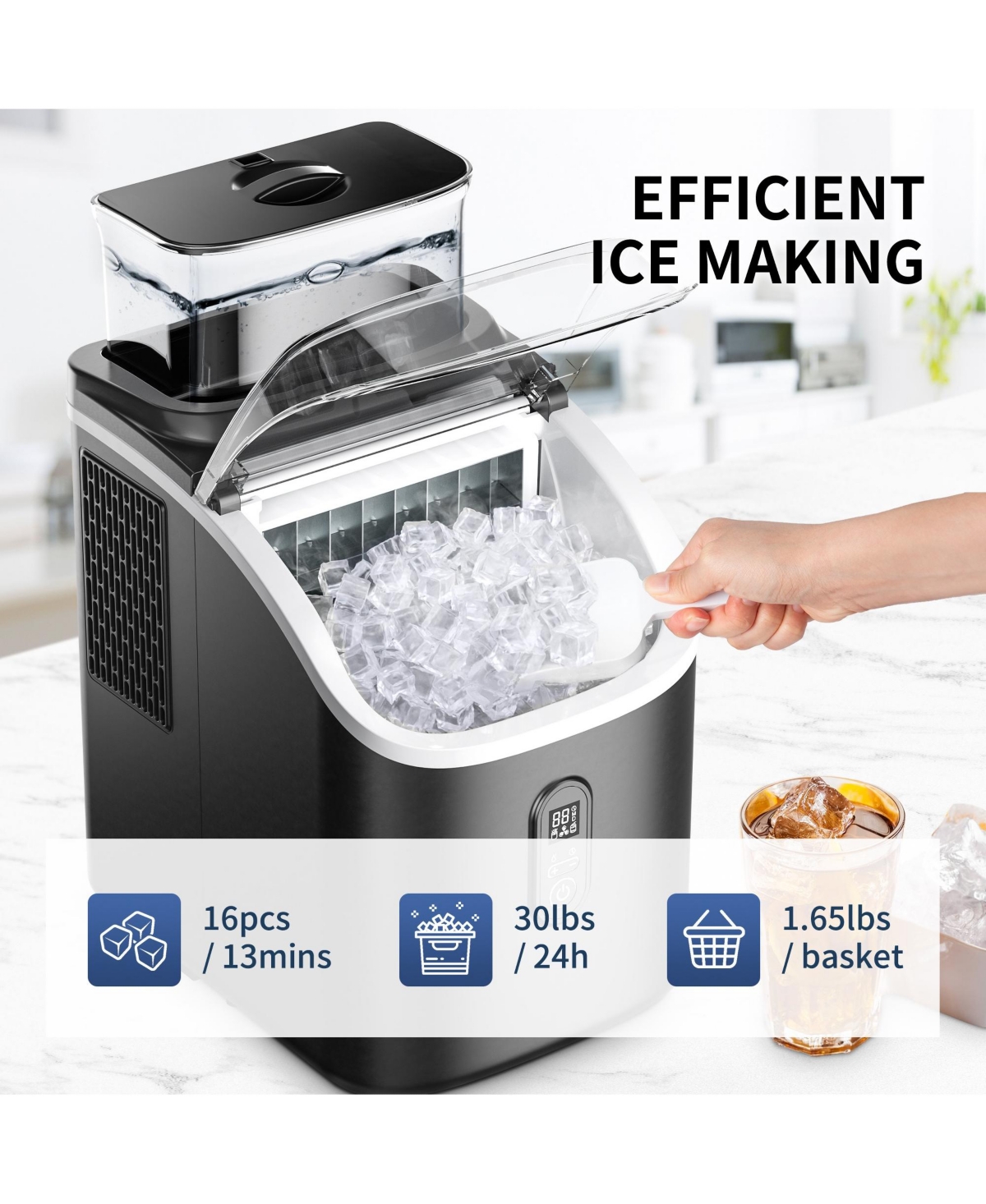 Euhomy 34-lb Cube Ice Countertop Portable Ice Maker in Black with Self Cleaning