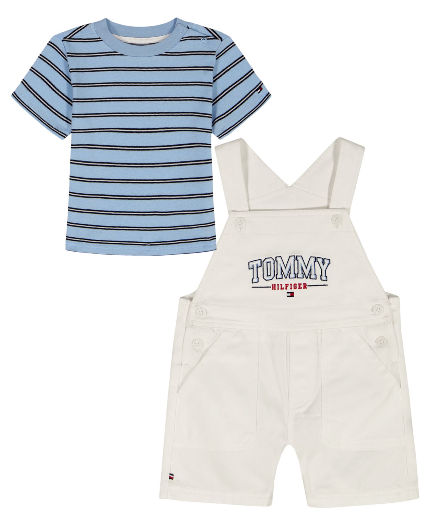 Комплект для мальчика Tommy Hilfiger: полосатая футболка и твиловый полукомбинезон, цвет: Белый / Синий — фото 4