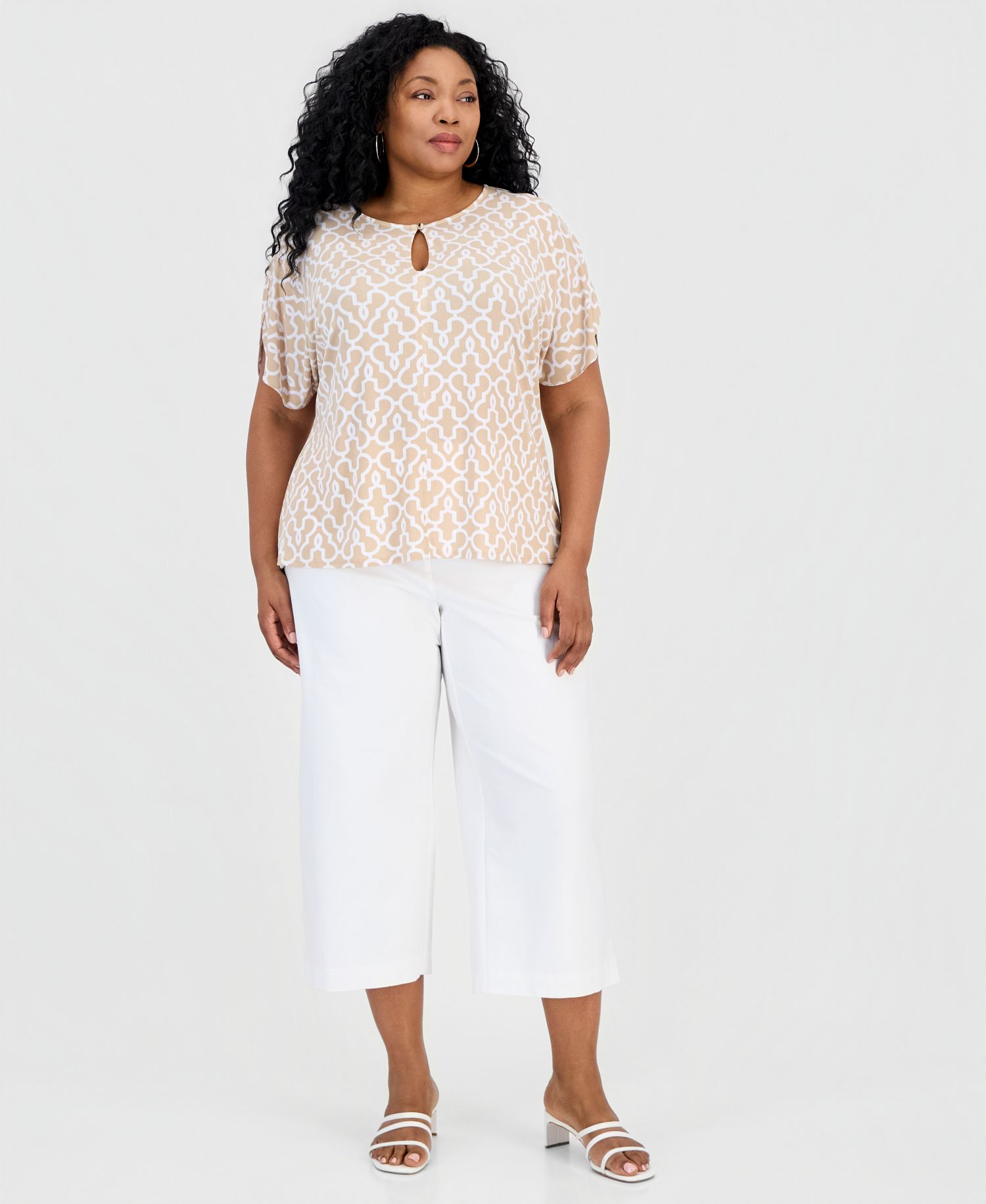 Petite Printed Keyhole Split-Sleeve Top